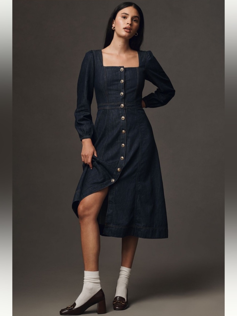 Reformation Celeste Denim Maxi Dress NEW Button-Front Square-Neck Dress US10